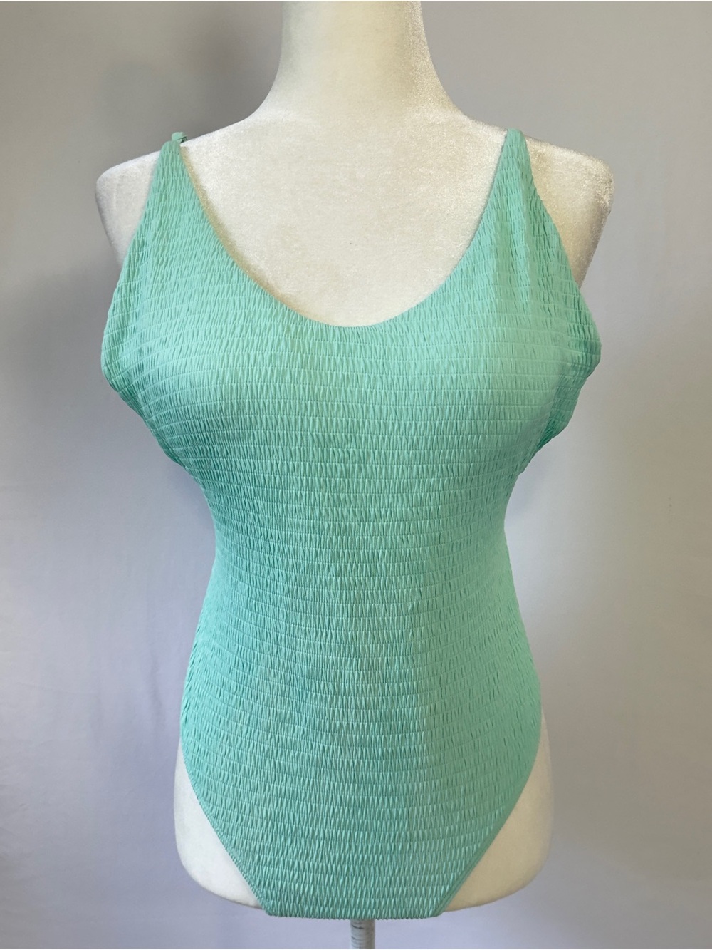 Aerie Smocked One Piece Swimsuit Mint Green Scoop Neck Low Back XL NWOT